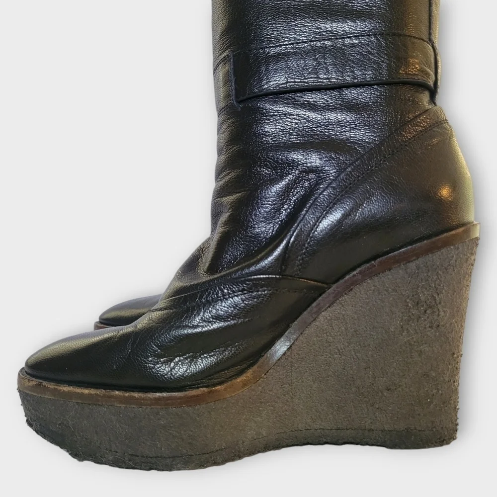 YSL Yves Saint Laurent Tall Black Leather Wedge Boots Vintage 90s Y2K